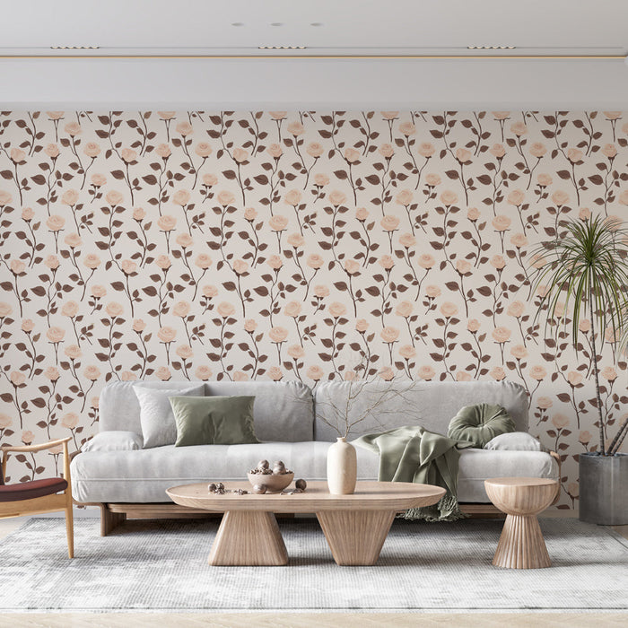 Tapeta z różami | Delikatny wzór kwiatowy kremowych róż na jasnym tle