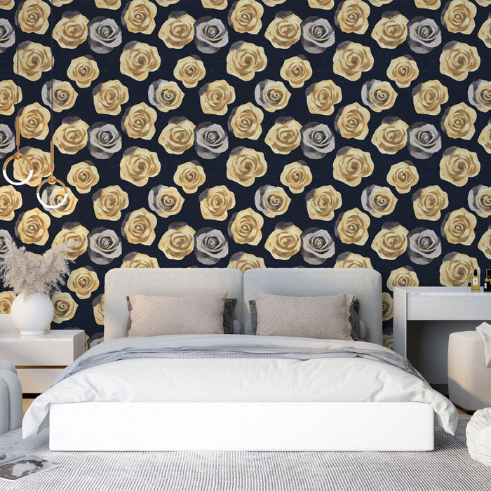Fényképes tapéta arany rózsákkal | Romantikus ragyogás arany és szürke rózsákkal sötét háttéren