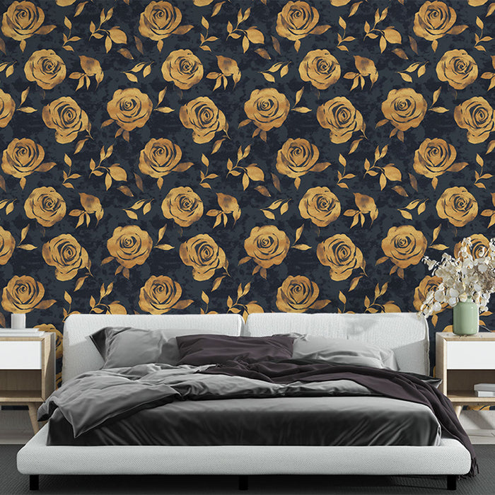 Tapet cu trandafiri aurii | Trandafiri aurii eleganți pe un fundal albastru închis