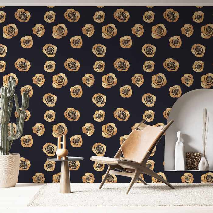 Tapet cu trandafiri aurii | Model elegant de trandafiri pe fundal închis
