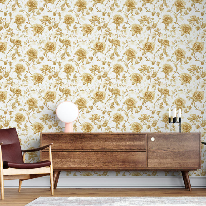 Ταπετσαρία τοιχωμάτων ροζ χρυσά | Ένα λεπτό μοτίβο τριαντάφυλλων σε ανοιχτό φόντο