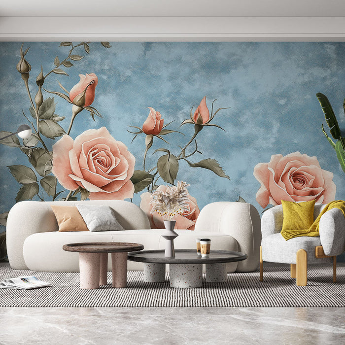 Carta da parati rose | Eleganza floreale su sfondo bluastro