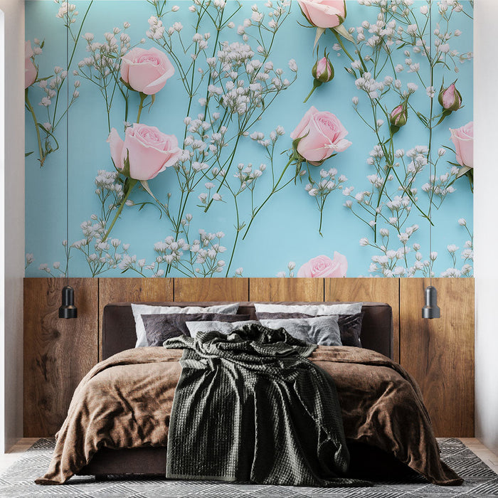 Mural Wallpaper roses | Elegant pink roses accompanied by gypsophila on a blue background