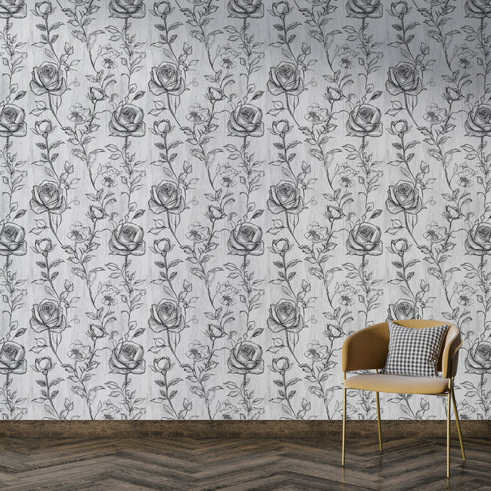 Tapeta z szarymi różami | Elegancki wzór kwiatowy w czarno-białym kolorze
