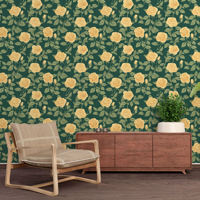 Fototapet gule roser | Udbrud af gule roser på en dyb grøn baggrund