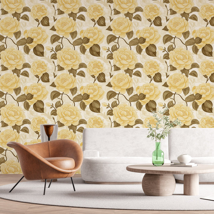 Foto Behang gele rozen | Elegante gele rozen op een crèmekleurige achtergrond