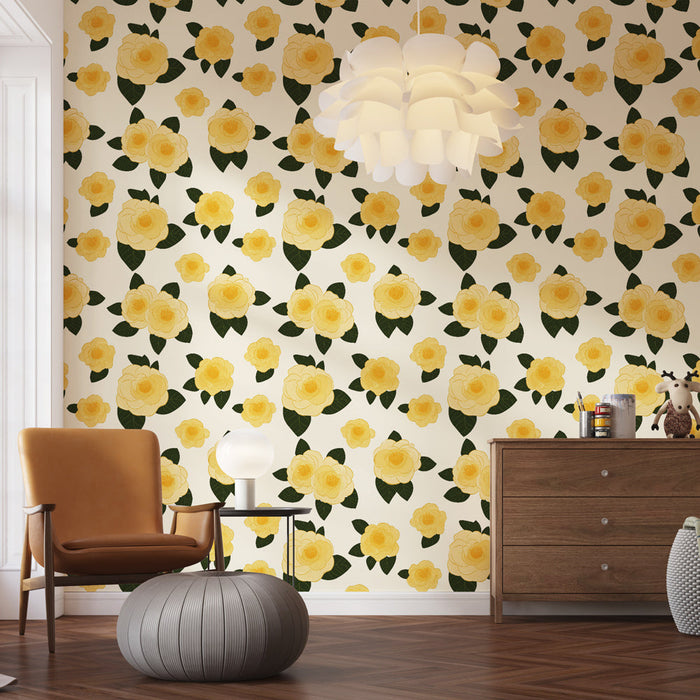 Tapeta žluté růže | Jasné květinové vzory s růžemi na krémovém pozadí