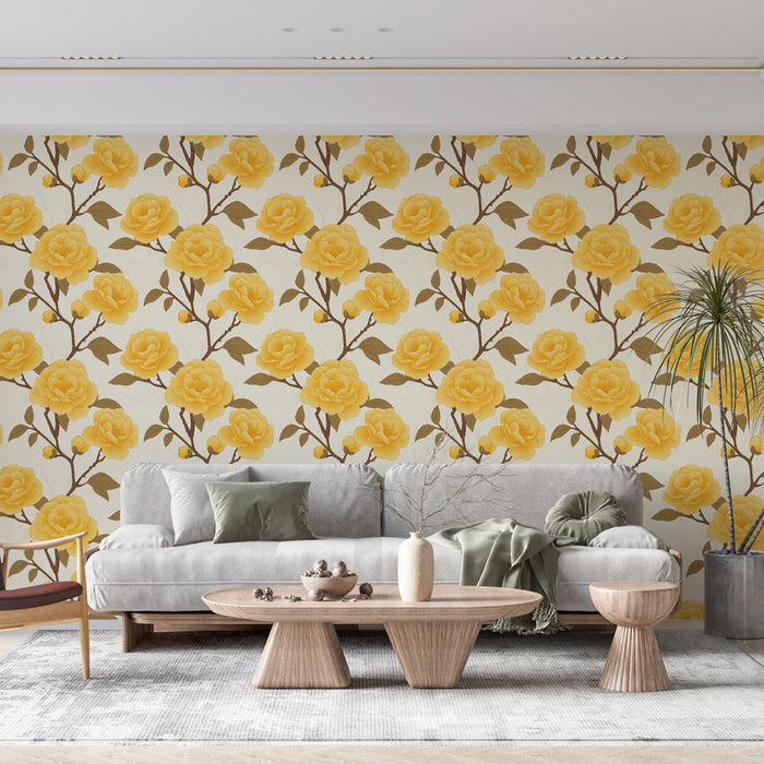 Fototapet sarı güller | Krem arka plan üzerinde narin çiçek desenleri