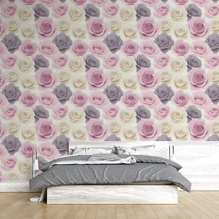 Mural Wallpaper roses | Elegant pattern of pink, white, and gray roses on a light background