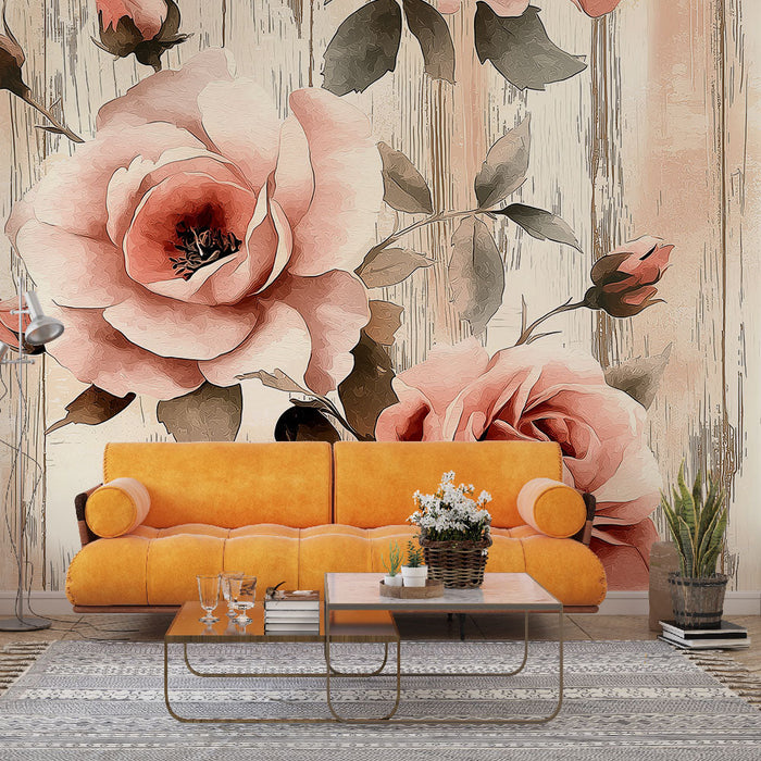 Ταπετσαρία τριαντάφυλλα | Απαλό λουλουδένιο μοτίβο σε ξύλινο φόντο