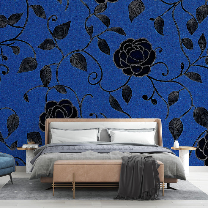 Mural Wallpaper black roses | Elegant floral pattern on blue background