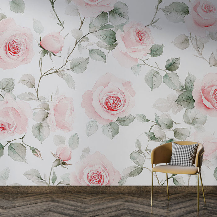 Fototapet bleke roser | Elegante blomster på hvit bakgrunn