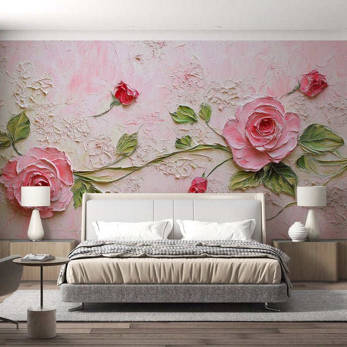 Mural Wallpaper pastel roses | Delicate embossed flowers on pink background