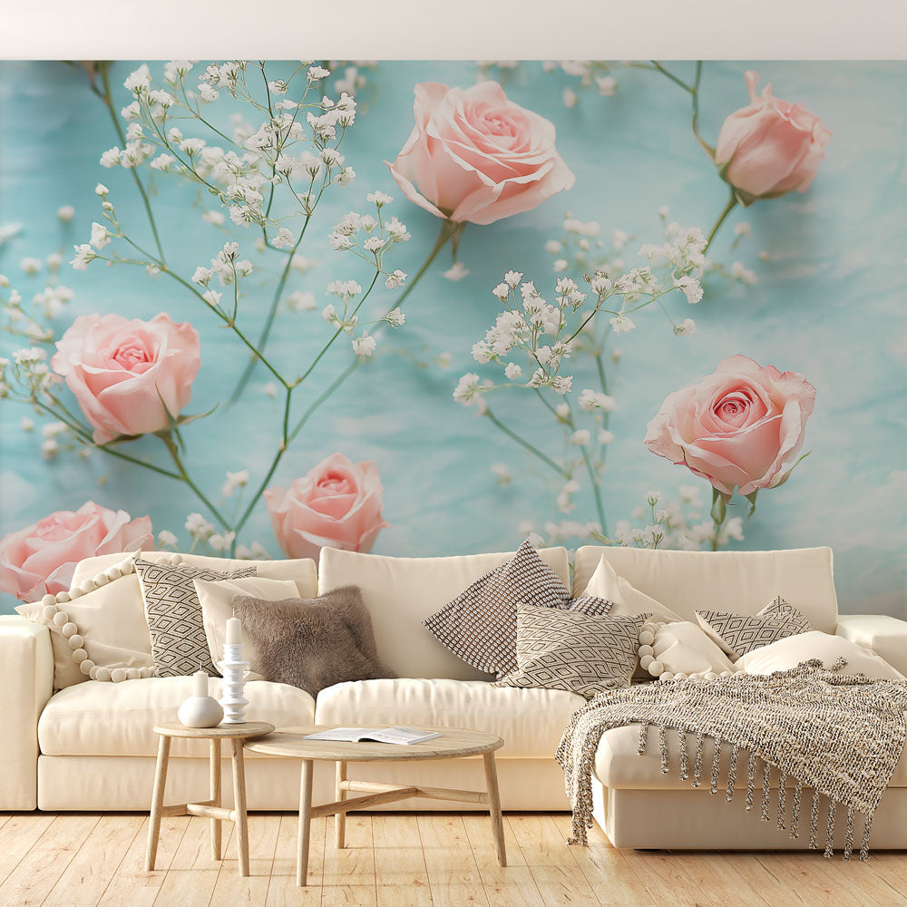 Carta da parati con rose | Rose delicate color rosa su uno sfondo blu —  WonderMural, image size:1000x1000