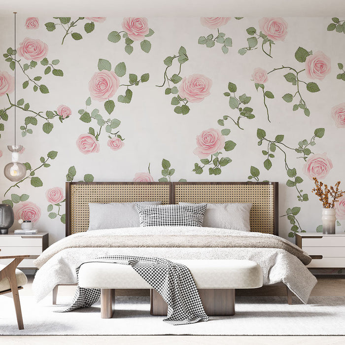 Mural Wallpaper pink roses | Delicate floral pattern on white background