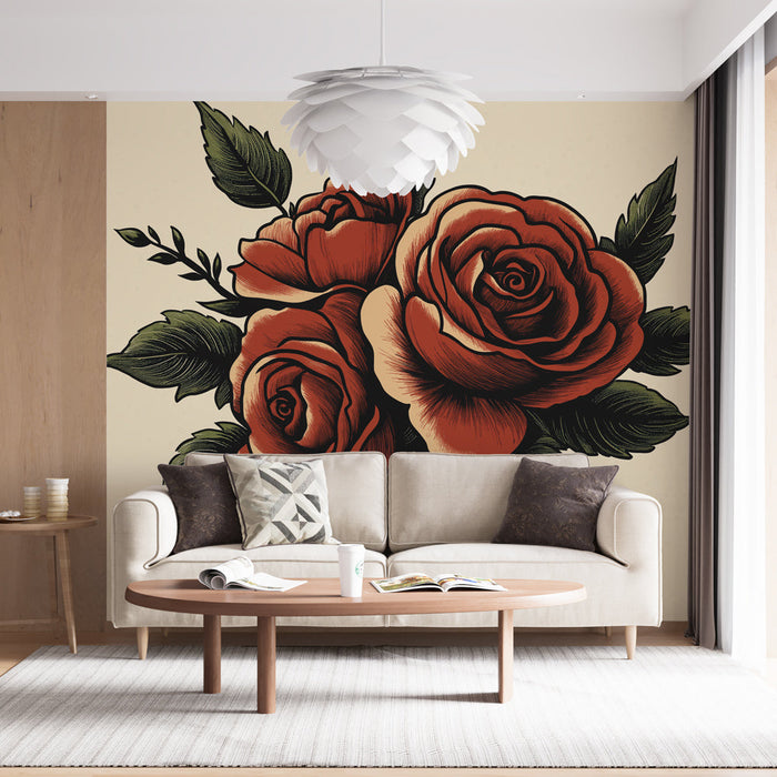 Ταπετσαρία τοίχου κόκκινα τριαντάφυλλα | Κομψότητα vintage λουλουδιών