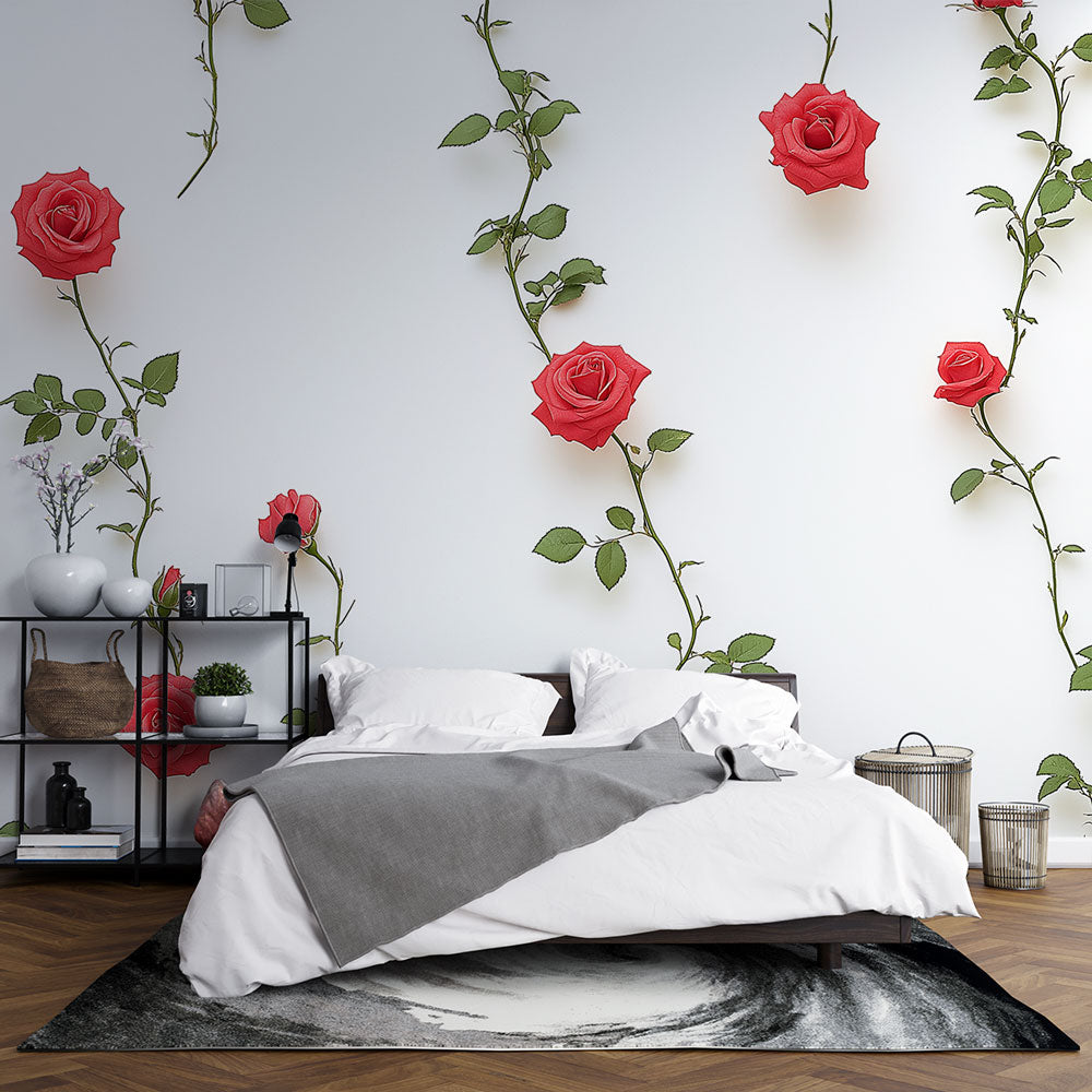 Fototapet röda rosor | Delikata stjälkar och vit bakgrund— WonderMural