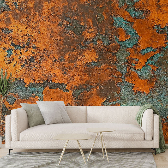 Seinapilt tapeet rooste | Tekstuuriga disain oranži ja sinakasrohelise varjunditega