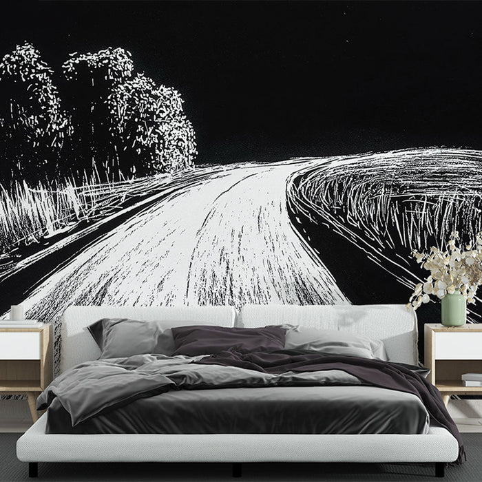 Tapete winding-road | Monochrome Illustration einer Straße in einer Chiaroscuro-Landschaft