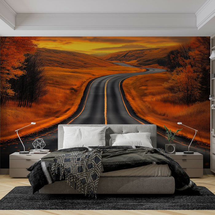 Tapéta kanyargós-út | Élénk őszi táj narancsszín árnyalatokkal