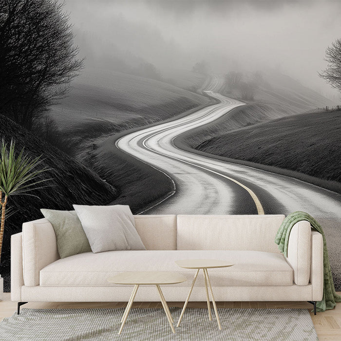 Falikép winding-road | Ködös táj fekete-fehérben
