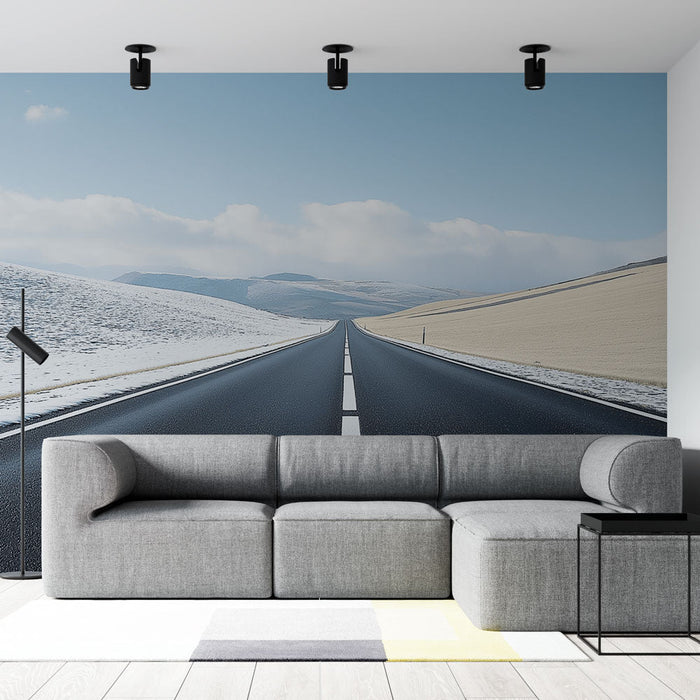 Tapete straße | Eine einsame Straße durch verschneite Landschaften