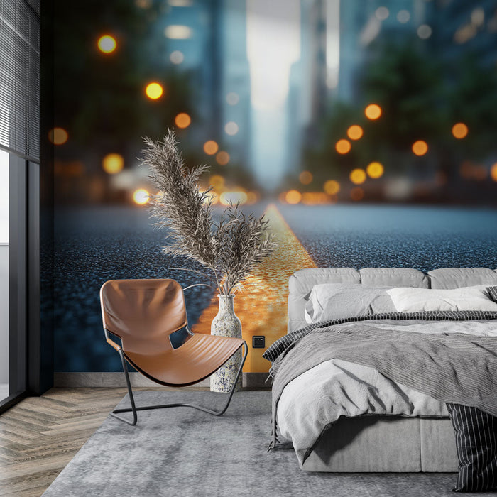 Fali tapéta városi út | Egy megvilágított út perspektívája egy modern városban