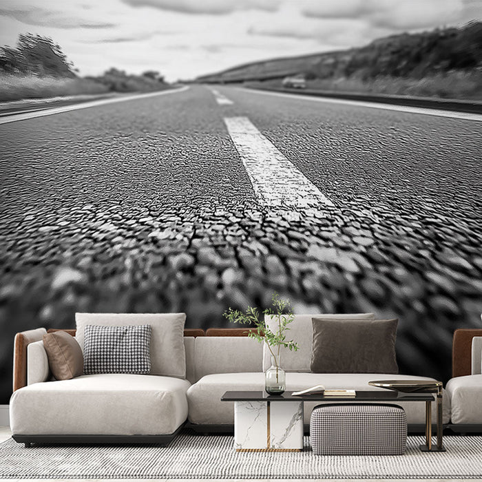 Foto Behang weg | Perspectief van een zwart-witte asfaltweg
