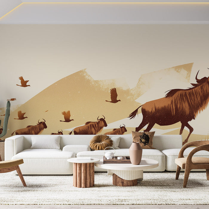 Safari Mural Wallpaper | Wildebeests and Birds