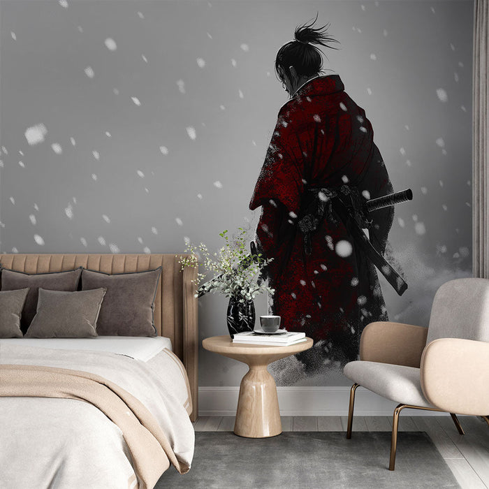 Carta da parati samurai | Guerriero in kimono rosso in una tempesta di neve