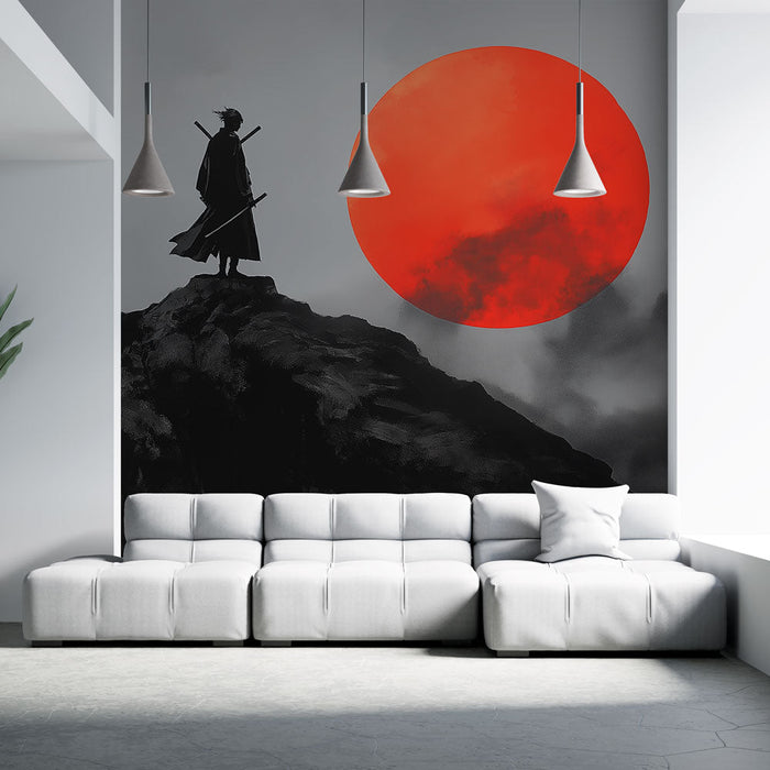 Tapet Samurai | Silueta unui războinic sub un soare roșu strălucitor