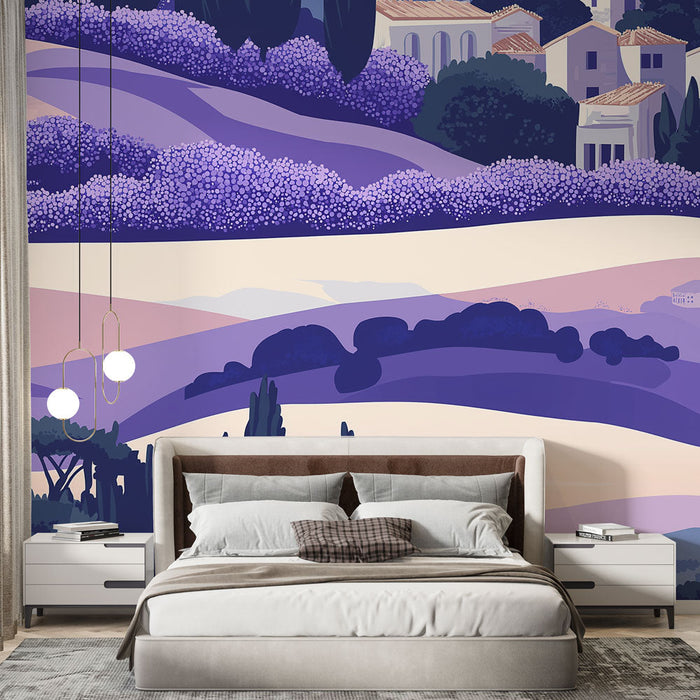 Papel de parede Santorini | Tons suaves de lavanda e colinas