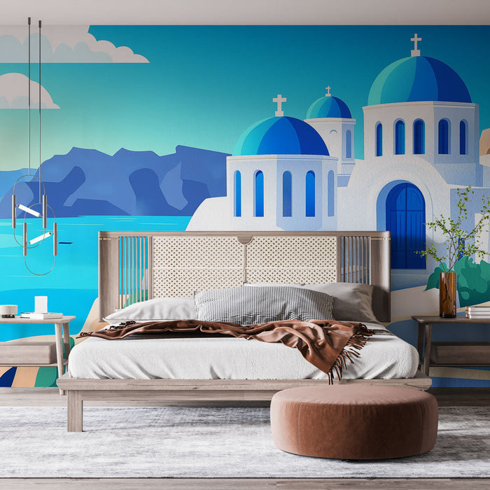 Tapet Santorini | Biserică albă și cupole albastre sub un cer însorit