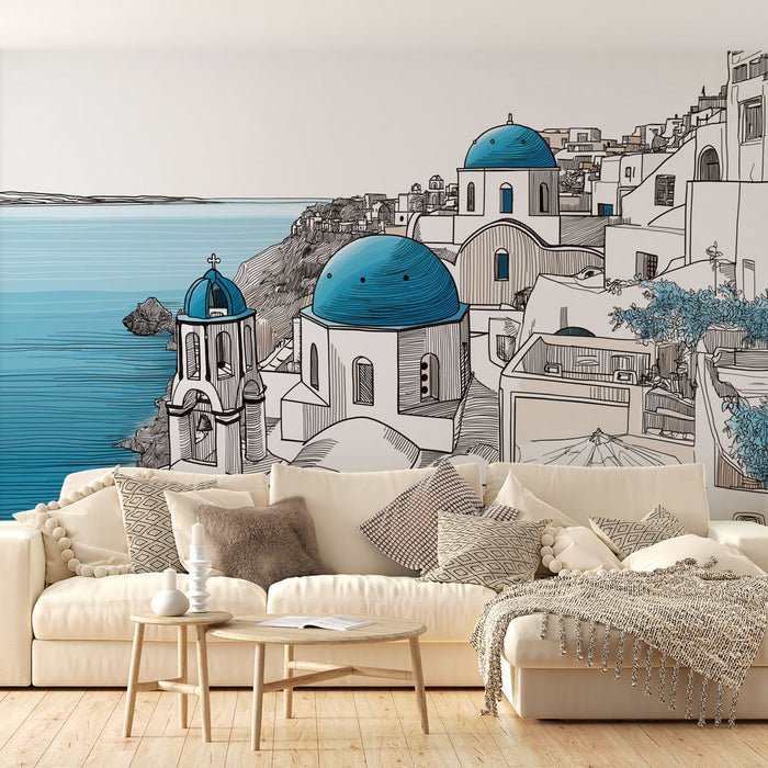 Papel de parede Santorini | Casas brancas com cúpulas azuis com vista para o Mar Egeu