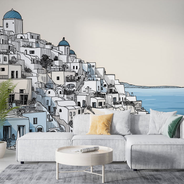 Tapetti Santorini | Valkoiset talot ja siniset kupolit merenrantamaisemassa