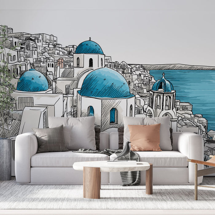 Tapete Santorini | Акварелен пейзаж на бели къщи и сини куполи
