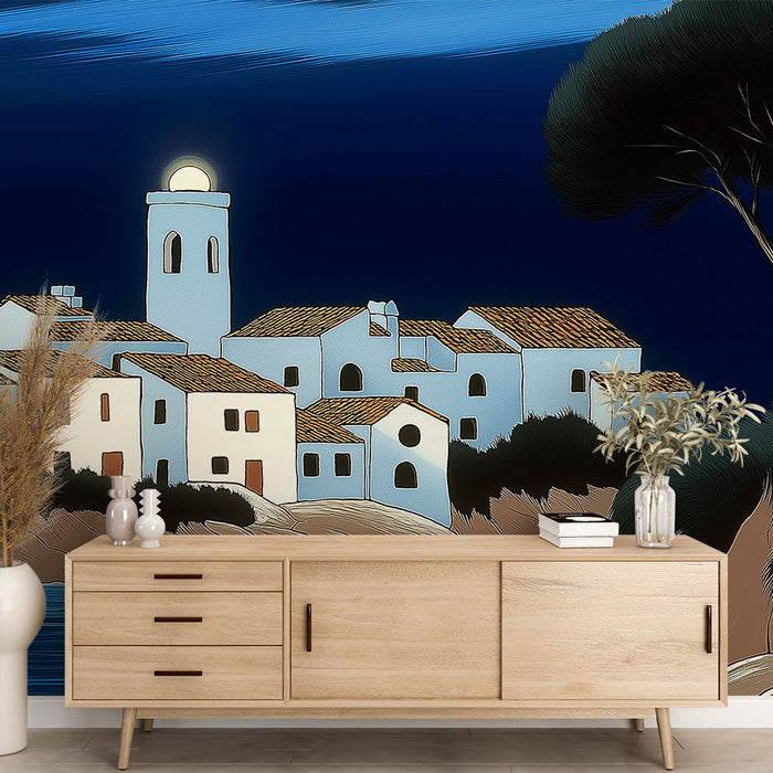 Tapeta Santorini | Selo noću pod mjesecom