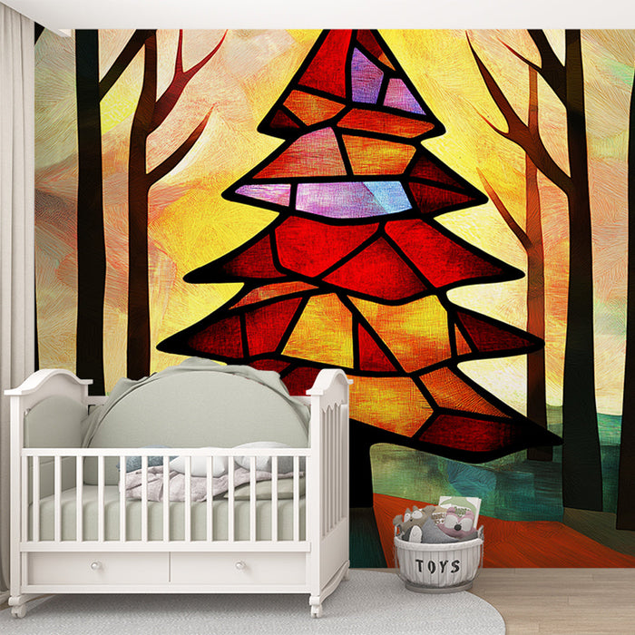 Tapete kiefer | Roter geometrischer Baum in einem bunten Wald