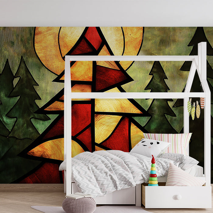 Mural Wallpaper colorful fir | Pattern of fir trees and sun in abstract stained glass
Tapeta barvito jelša | Vzorec jelk in sonca v abstraktnem vitražu