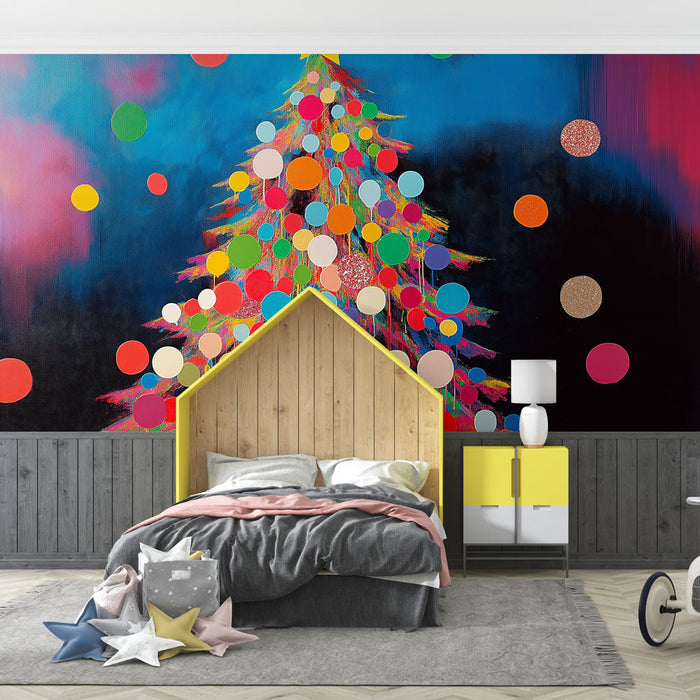 Mural Wallpaper Christmas Tree | Colorful Tree with Luminous Bubbles and a Golden Star