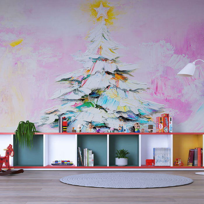 Mural Wallpaper Christmas Tree | Decorated Tree on Pastel Pink Background