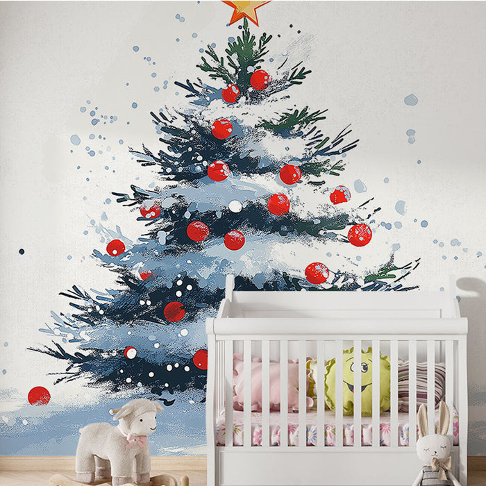 Mural Wallpaper Christmas tree | A tree decorated with red baubles and a golden star