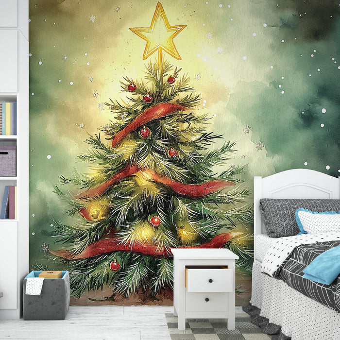 Papel pintado Christmas Tree | A tree decorated with golden stars and light garlands