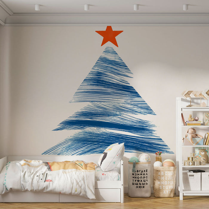 Mural Wallpaper Christmas Tree | En stilisert tre i nyanser av blått med en oransje stjerne