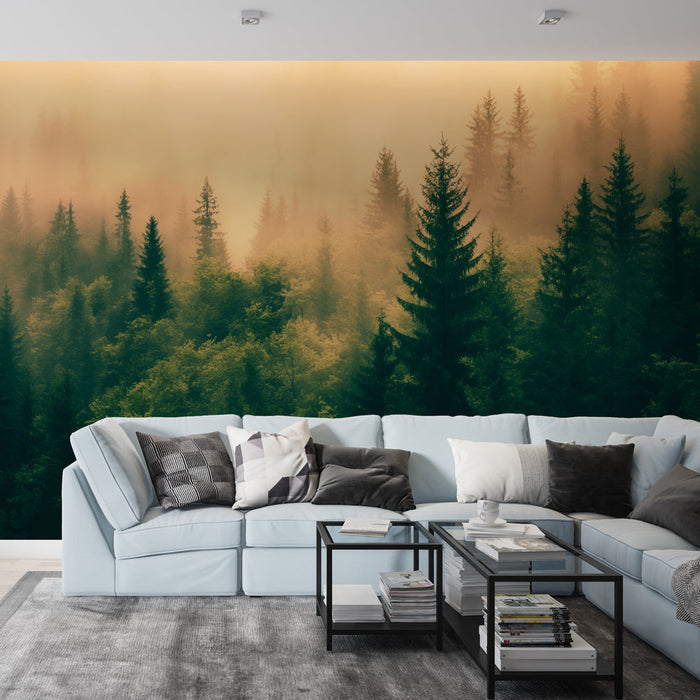 Papel pintado sapin | Forêt nordique et brume orange