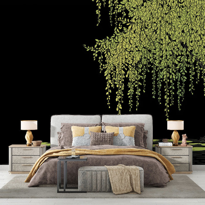 Tapetti itkevä pajunköynnös | Tyylikäs vihreä lehtikuvio mustalla taustalla