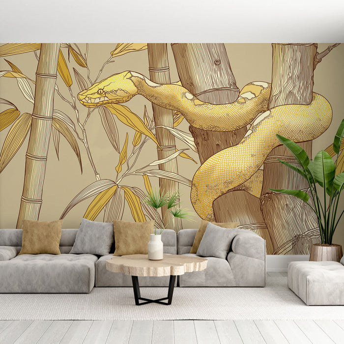 Tapetti kuvioitu käärme bambu | Keltainen käärme löhöämässä bambutukien keskellä
