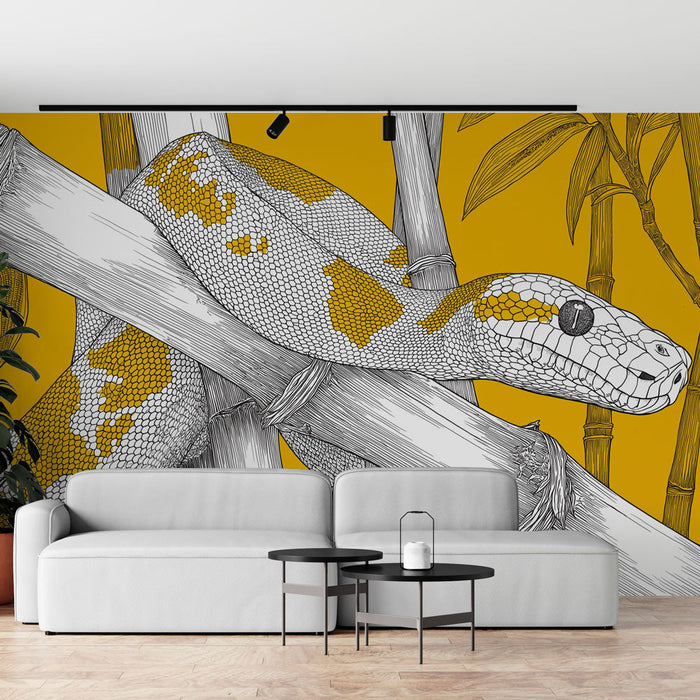 Fototapet yılan | Parlak sarı bir zemin üzerinde bambunun ortasında stilize bir yılan