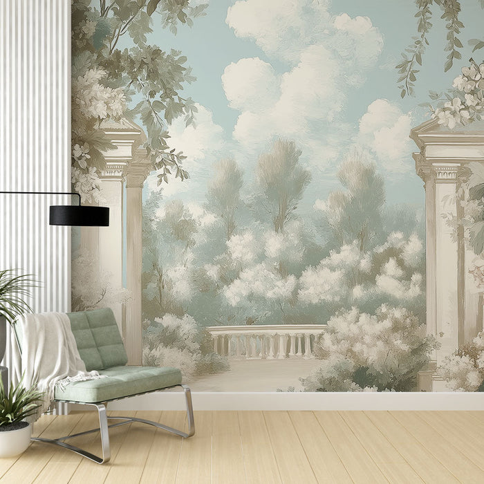 Tapet shabby chic | Blomsterbåge med lantlig vy