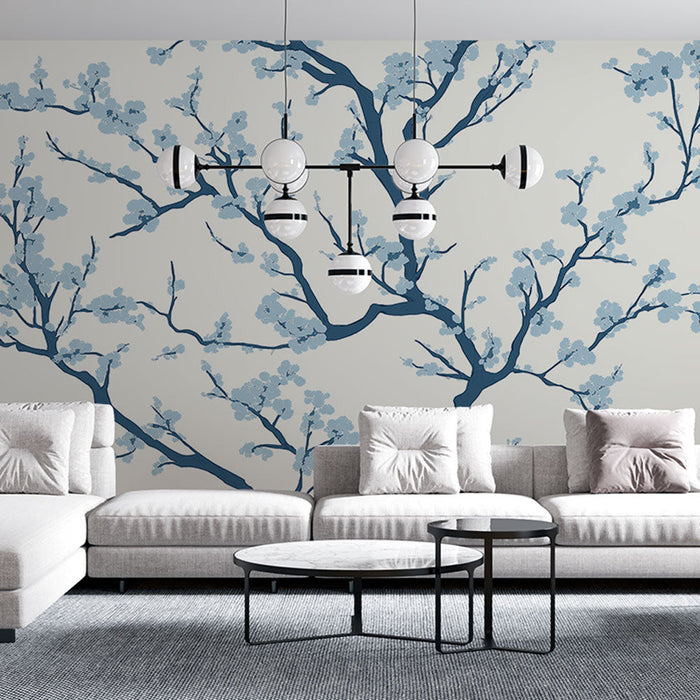 Tapete shabby chic | Blühende blaue Baumzweige auf cremem Hintergrund